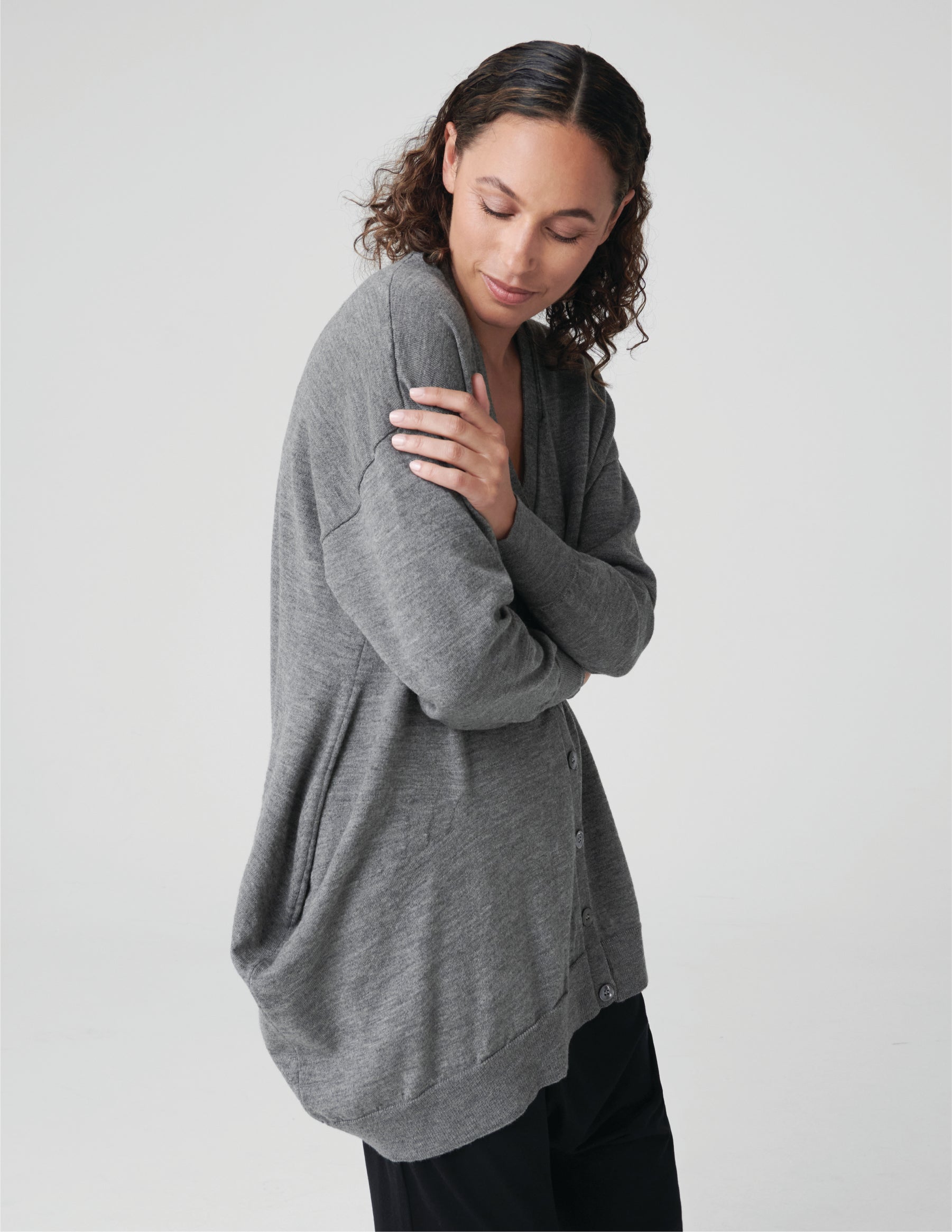 Curva Superfine Italian Merino Cardigan, Grey Melange, Made in Italy
